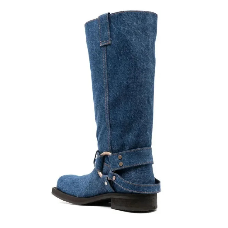 Women's Blue Cowboy Metal Ring Motorcycle Boots Belt Buckle Design 3.5cm Thick Heel Knight Boots Women's Square Head Fashion Boots 34-44