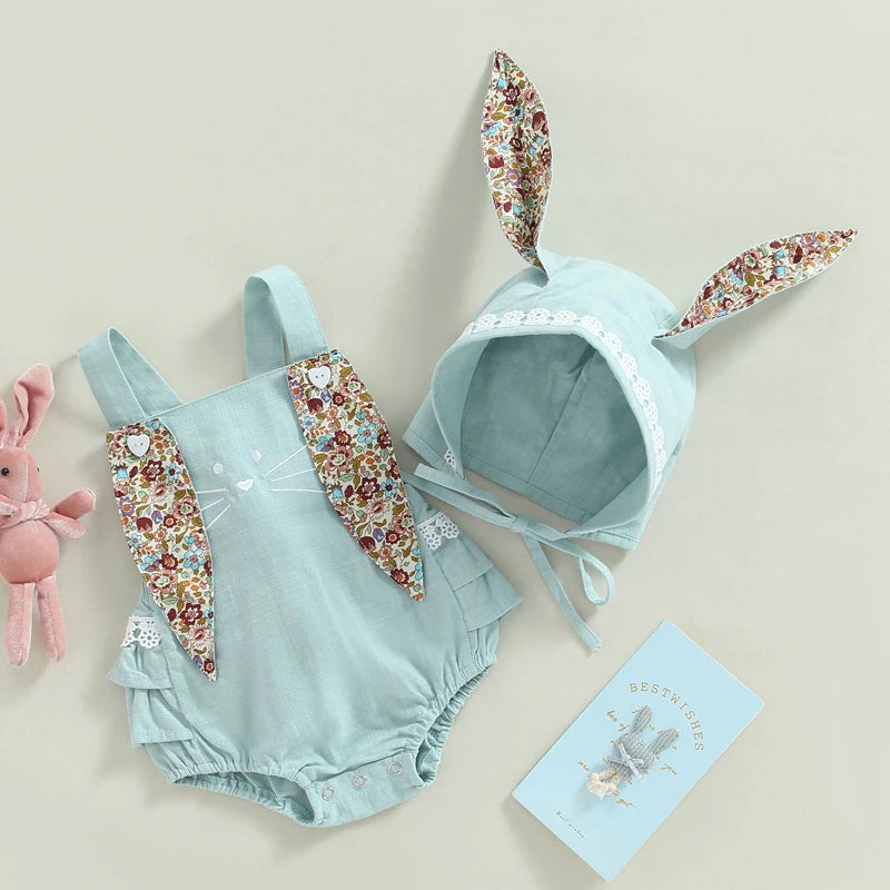 Easter Days Baby Girls Boys Romper 2pcs Cartoon Rabbit Floral Printed Sleeveless Bunny Ear Jumpsuit