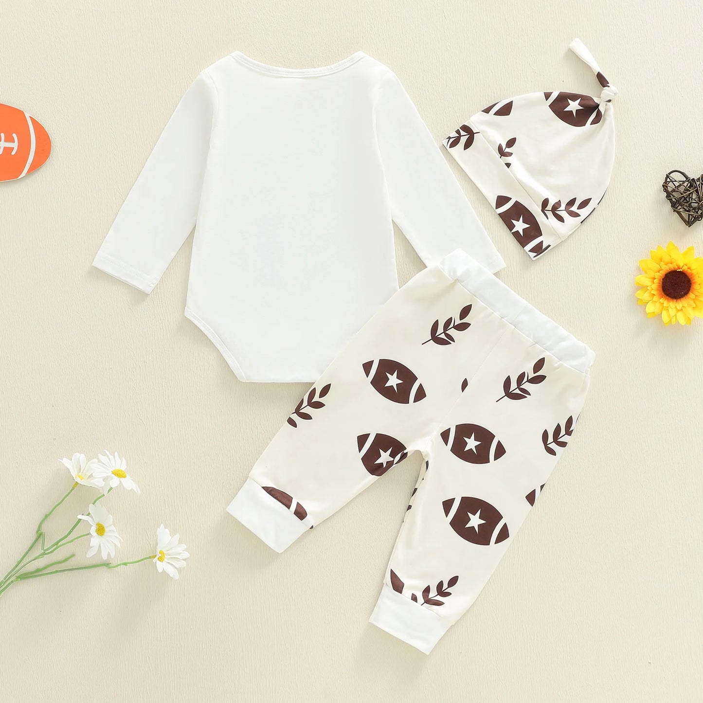Baby Boys Autumn Winter Clothes Set - Letter Print Long Sleeve Romper, Football Leaf Pants & Hat