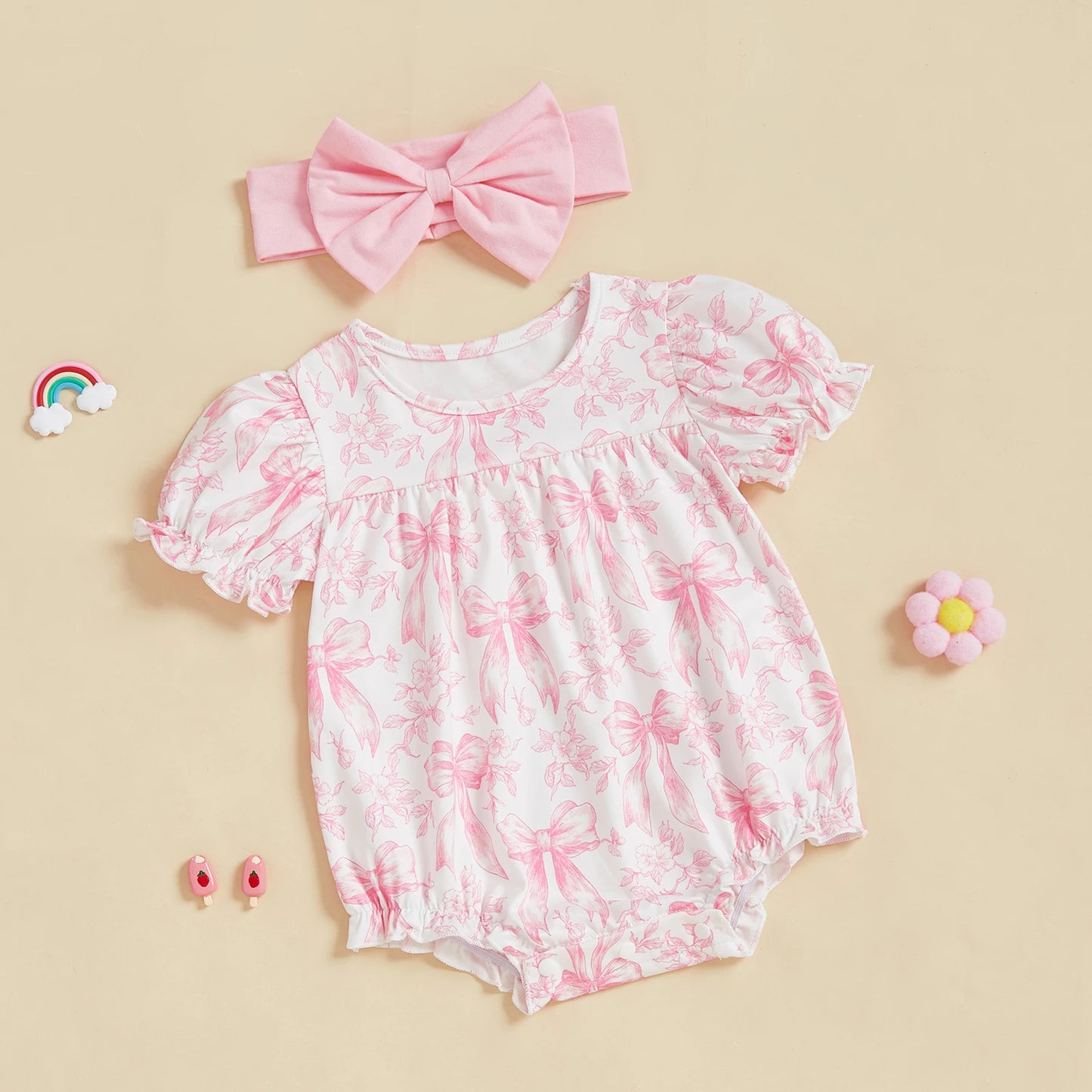 Baby Girls Bow Print Romper with Headband Set (0-18M)