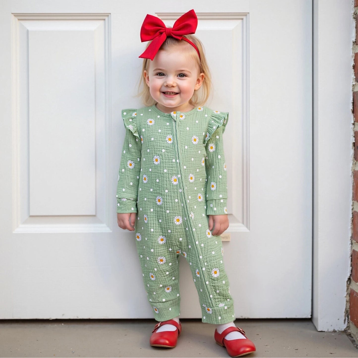 Baby Girls Fall Jumpsuit - Long Sleeve Flower Print Zipper Romper (0-18M)
