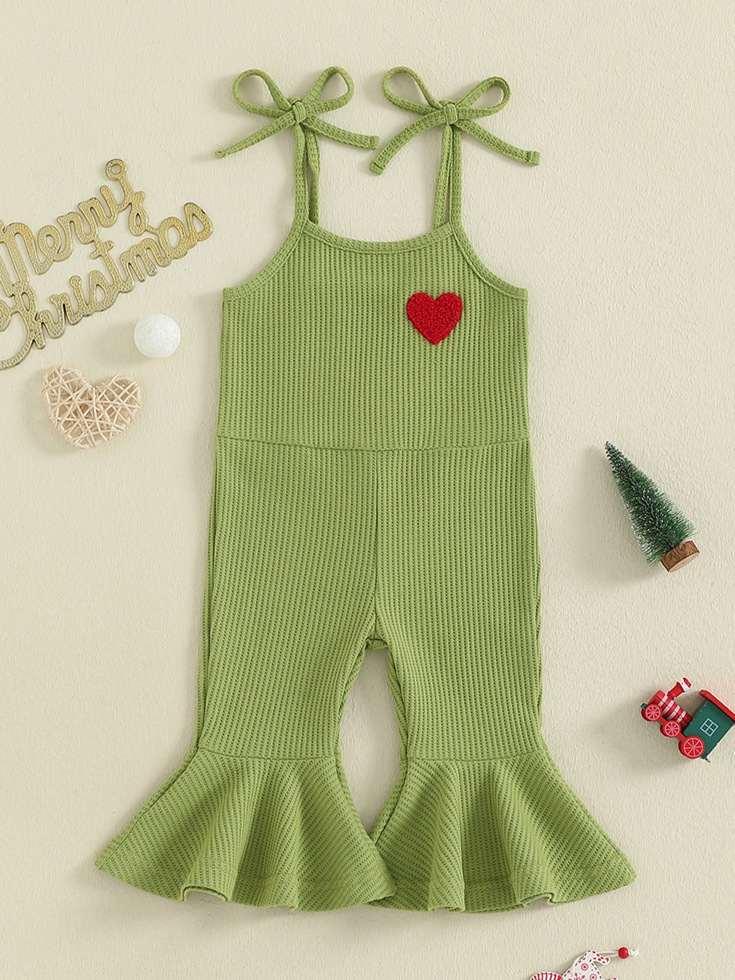 Toddler Girls' Christmas Flare Pants Romper - Heart Embroidery Sleeveless Bell Bottom Overalls