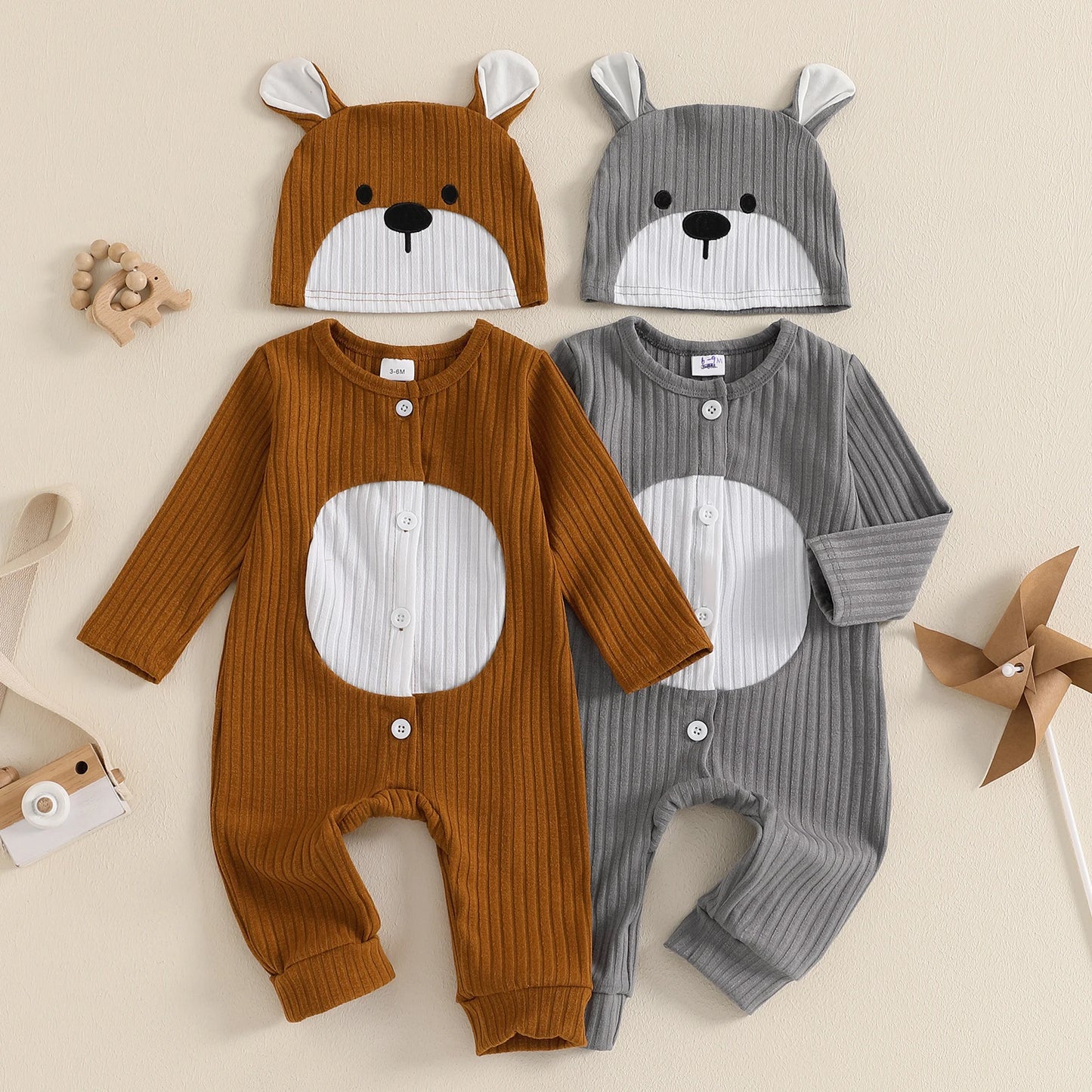 0-18M Newborn Baby Boys Romper Animal Cartoon Print Long Sleeve Crew Neck Full Length Button Down Jumpsuit with Hat