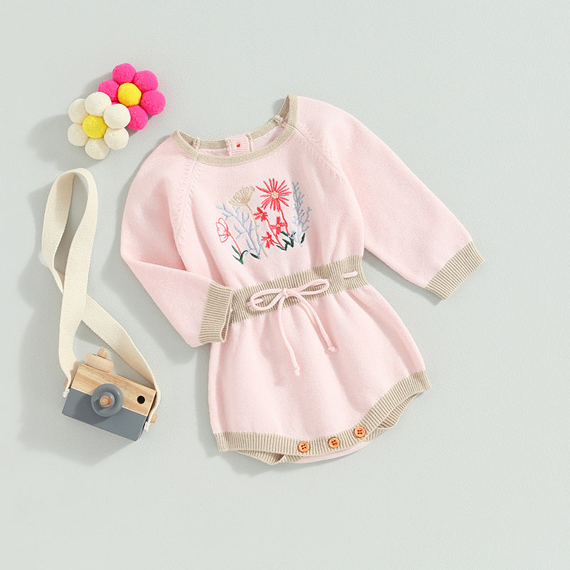 0-24M Baby Girls Romper Long Sleeve Flower Embroidery Drawstring Knit Sweater Jumpsuit