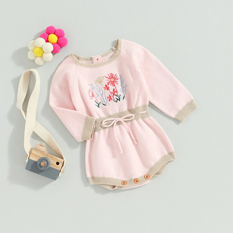 0-24M Baby Girls Romper Long Sleeve Flower Embroidery Drawstring Knit Sweater Jumpsuit