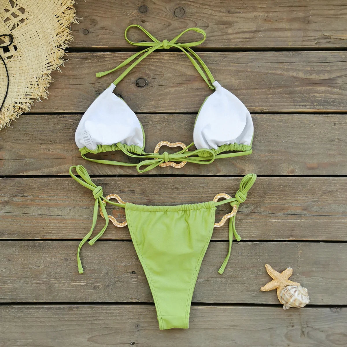 Women's Gold Ring Bikini Swimwear Halter Tie Knot Two-Piece Bikini Set