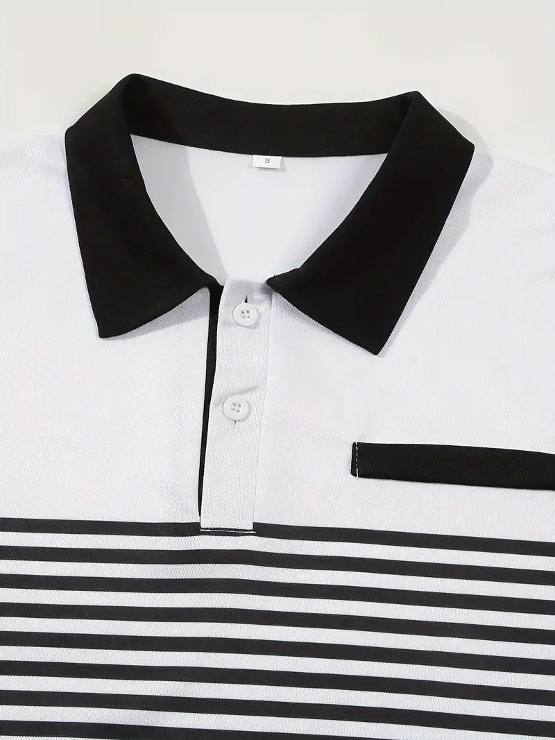 Men's Summer Polo Patchwork Short Sleeve Smart Casual Striped Turn Down Collar Shirt
