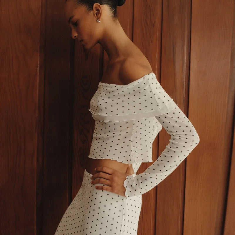 Women'Polka Dot Off Shoulder Two Piece Club Outfit Set