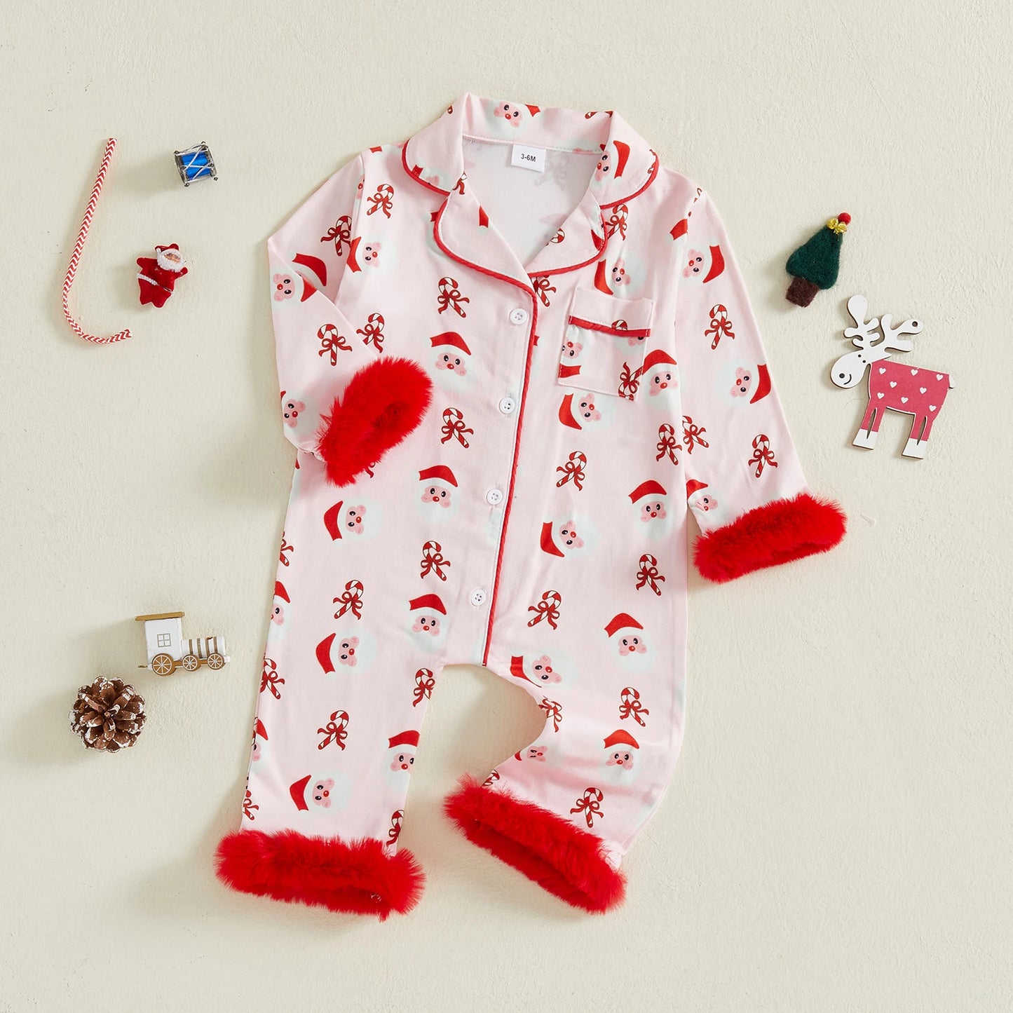 Lovely Baby Girls Christmas Pajama Jumpsuit - Santa Claus & Candy Cane Print (0-24M)