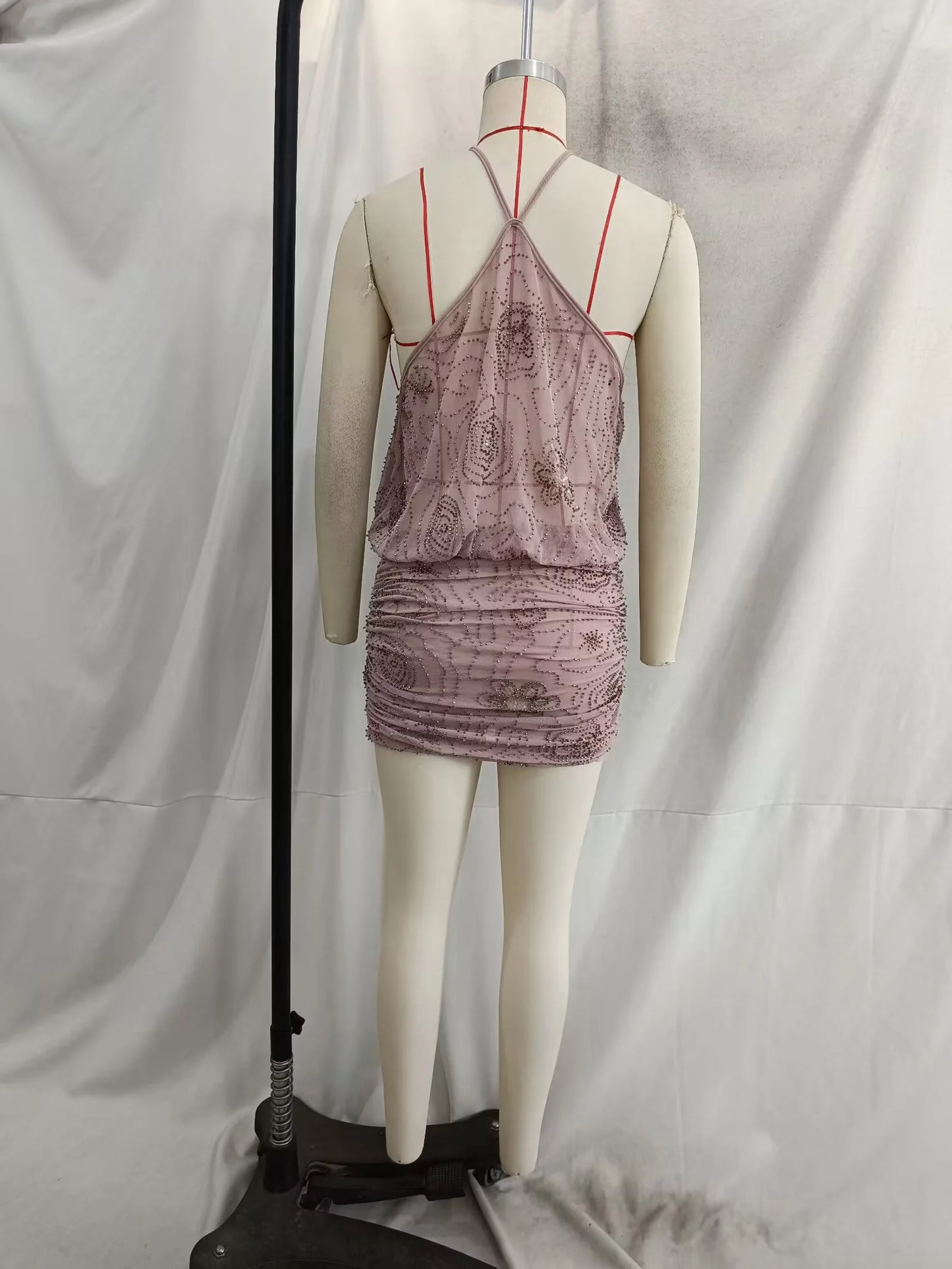 Women's Summer Pleated Slim Fit Backless Sequin Mini Dress