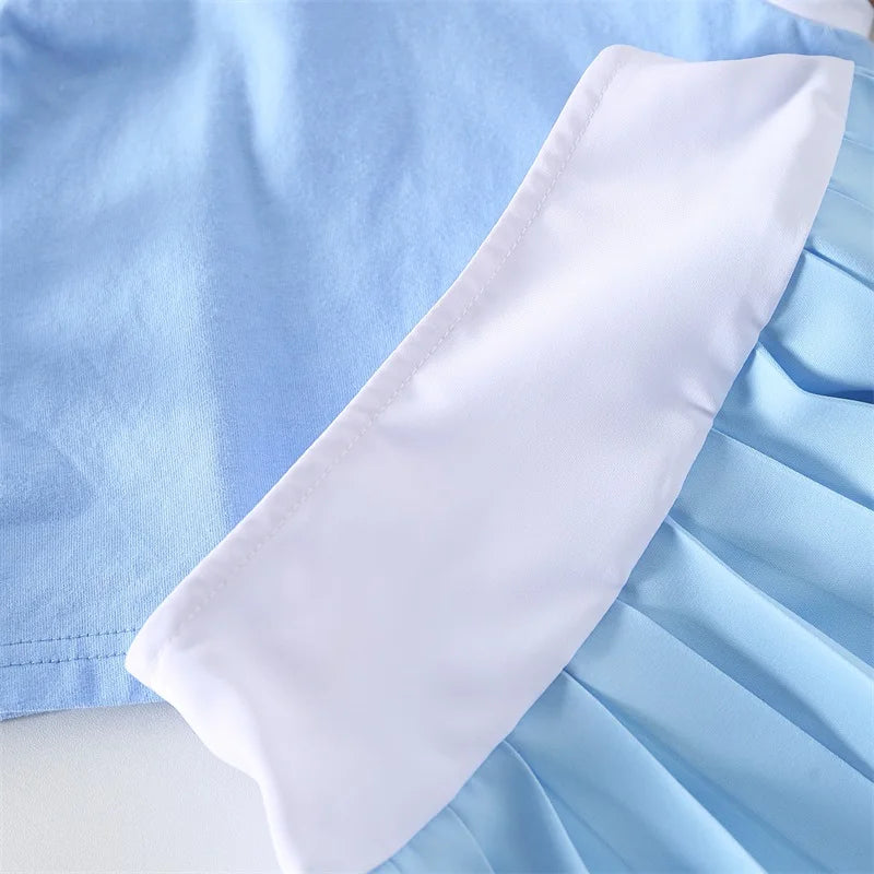 0-5Y Kids Girl Golf Clothes Sets 2pcs Color Patchwork Sleeveless Lapel Tank Tops with Pleated A-Line Skirt