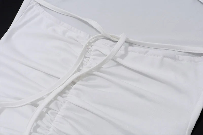 Women Floral Applique Halter White Maxi Dress - Backless Ruched Summer Dress