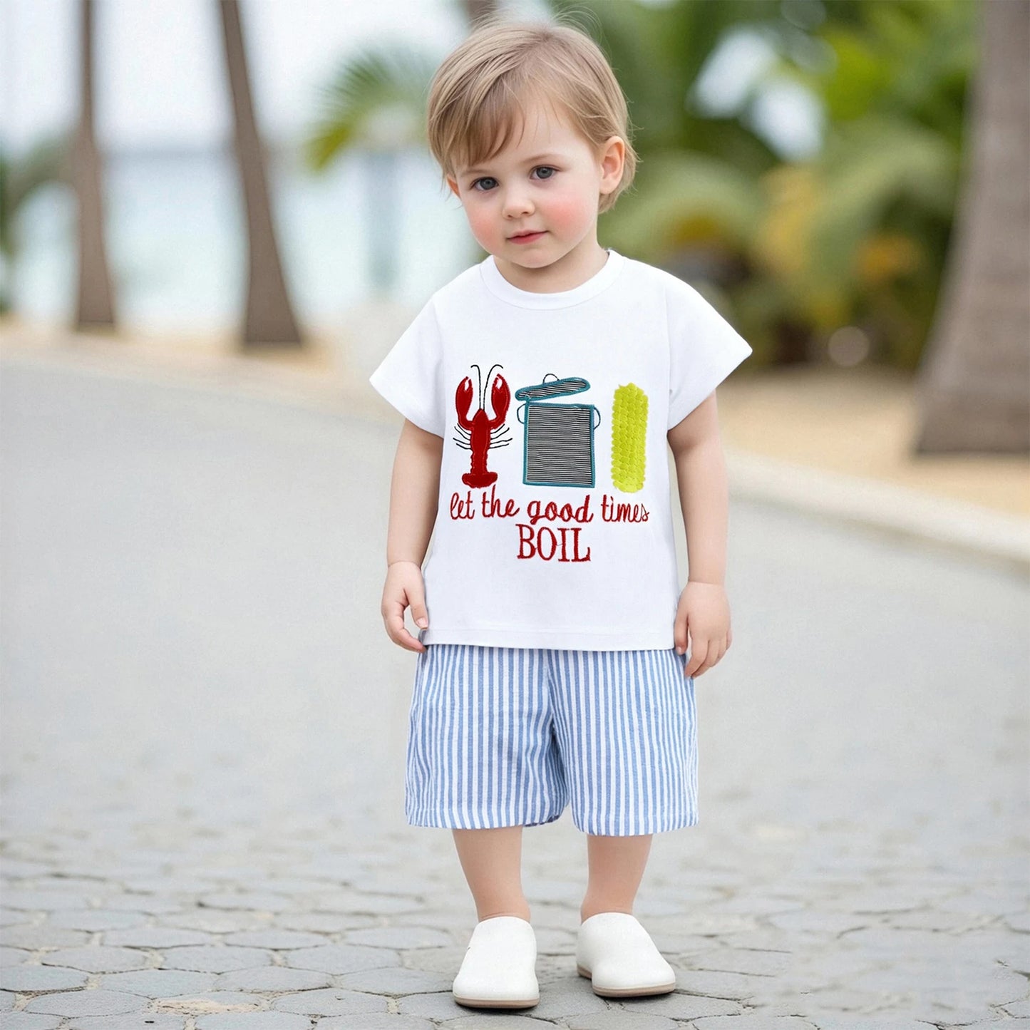 0-7Y Casual Kids Boys Summer Clothes Sets 2pcs Short Sleeve O Neck Lobster Letter Print T Shirts and Striped Shorts