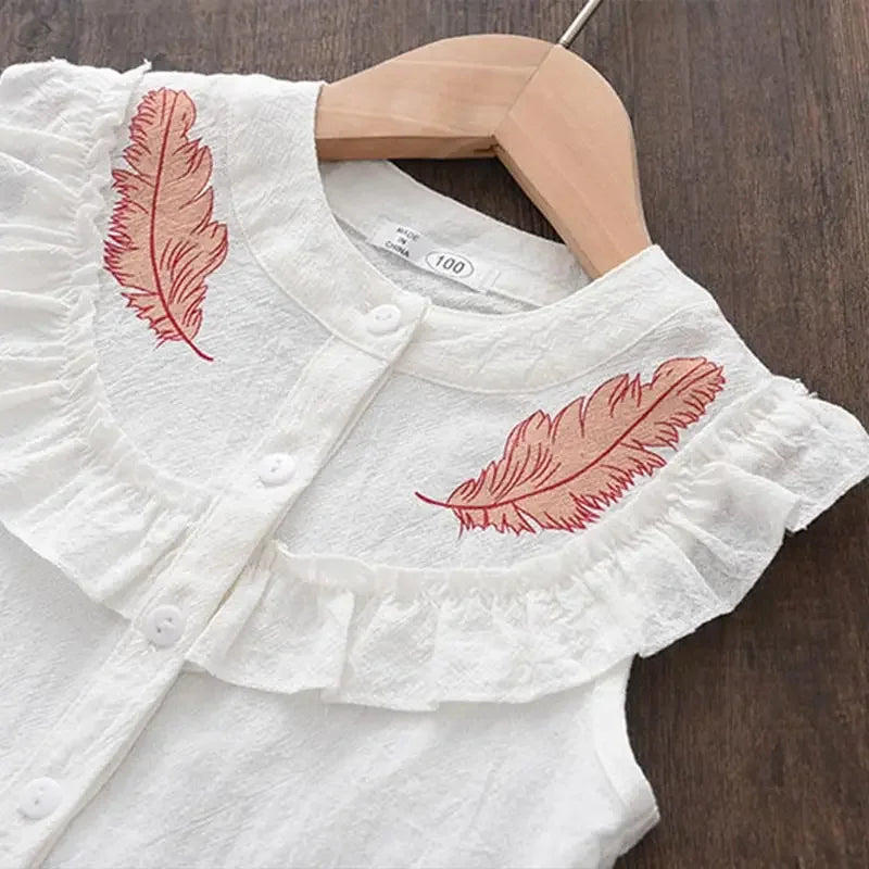 Girls Summer Feather Outfit Set - Sleeveless Top & Bandage Shorts