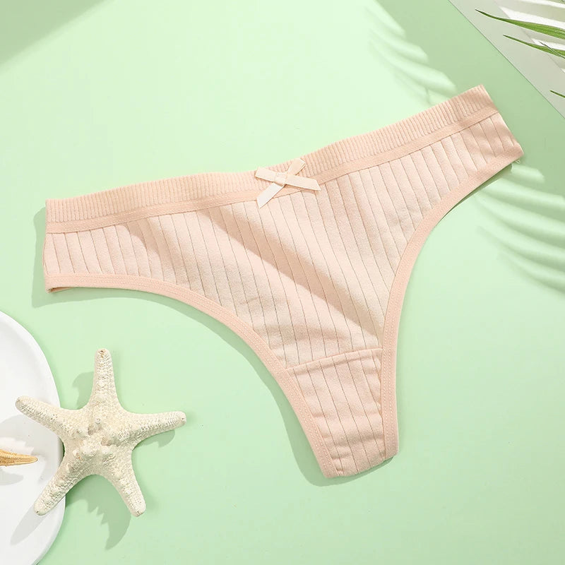 Women's Cotton Bow Tie Underwear 5-Pack - Ribbed Striped Low Waist Thongs