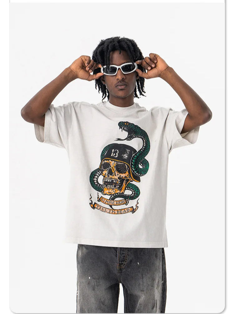 Men's Summer Washed cobra skull print short-sleeved T-shirt