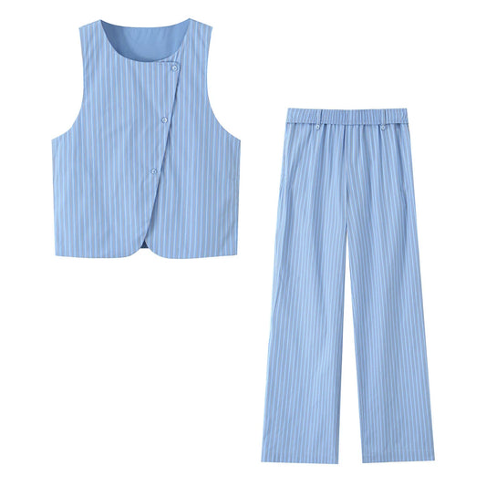 Women's Sense Niche Blue Striped Sleeveless Vest Loose Wide Leg Pants