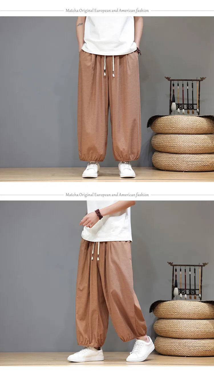 Men's Summer Wide Leg Pants Casual Breathable Loose Ankle Length Harem Trousers