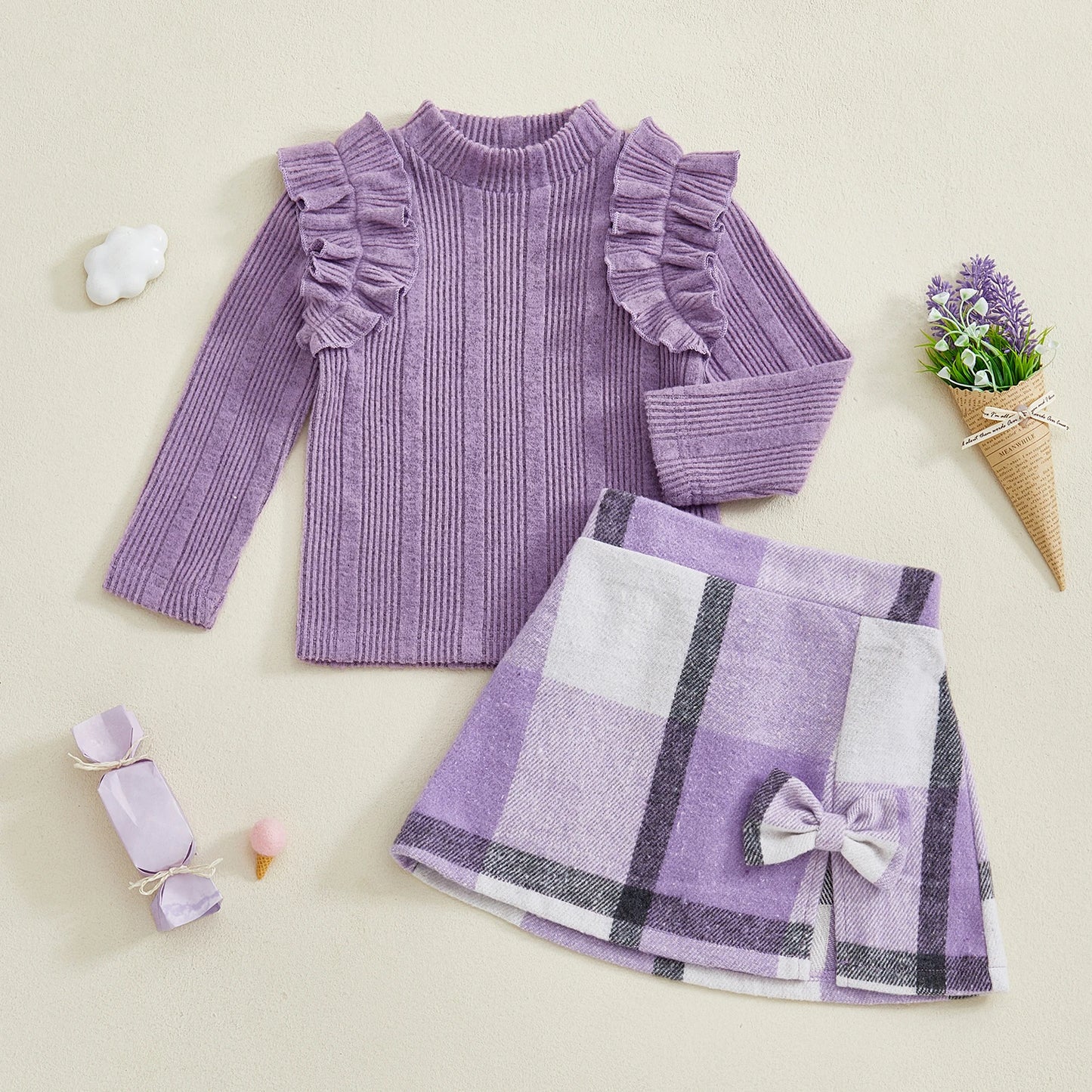 Girl's Skirt Set - Long Sleeve Crew Neck T-Shirt with Plaid Skirt