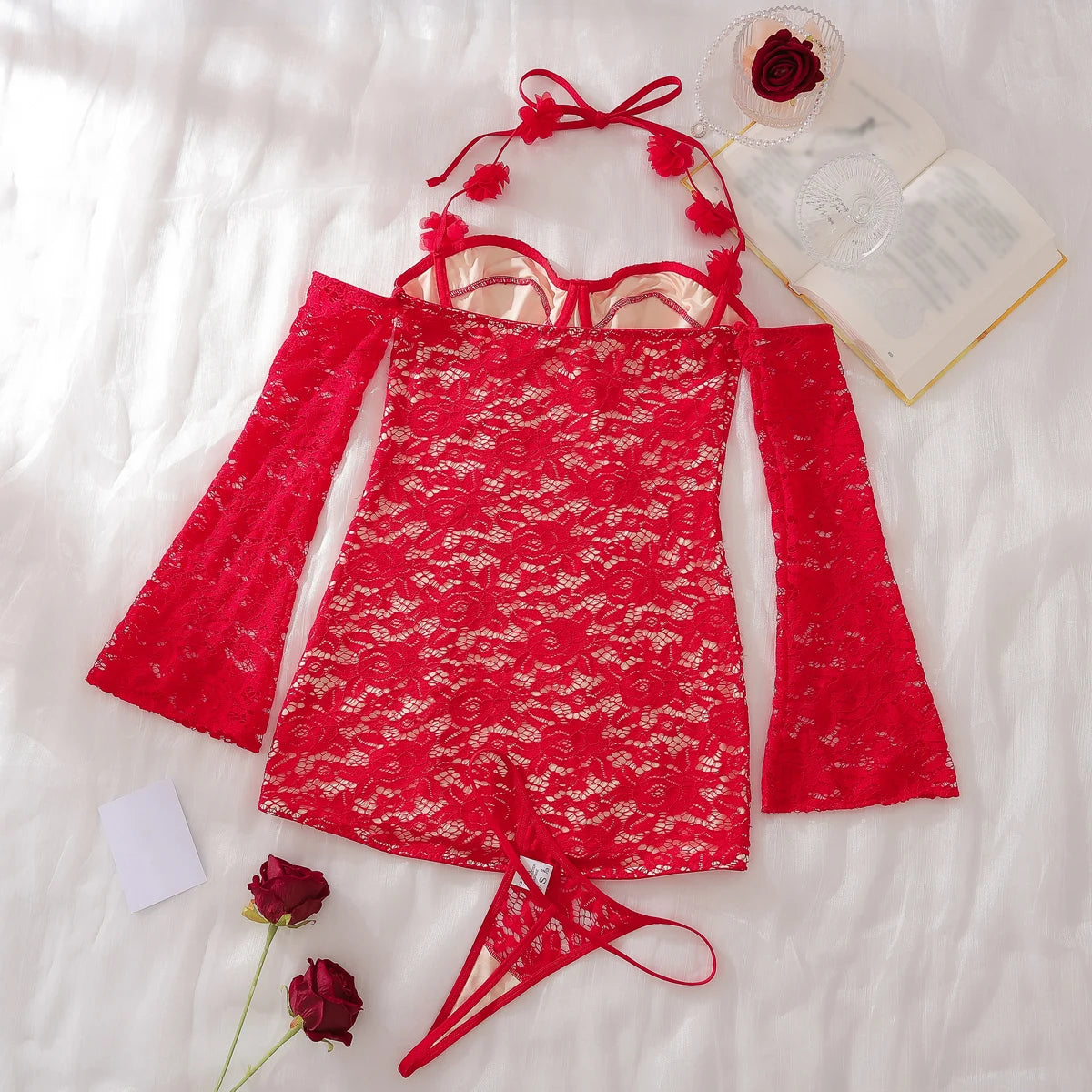Women's Lace Summer Flare Sleeve Short Halter Floral Dress