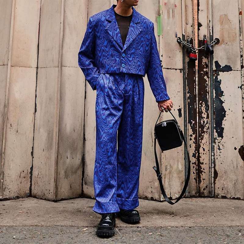 Men's Loose Lapel Long Sleeve Crop Blazer & Pants 2PCS Suits S-5XL