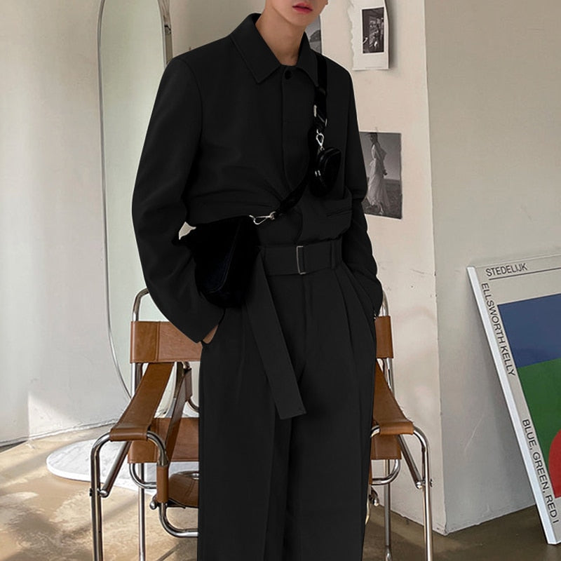 Men's Lapel Long Sleeve Pockets Jumpsuit With Belt S-5XL