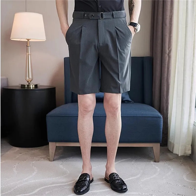 Men's Summer British Style Straight Slim Casual Comfortable Elastic Waist Knee Length Shorts