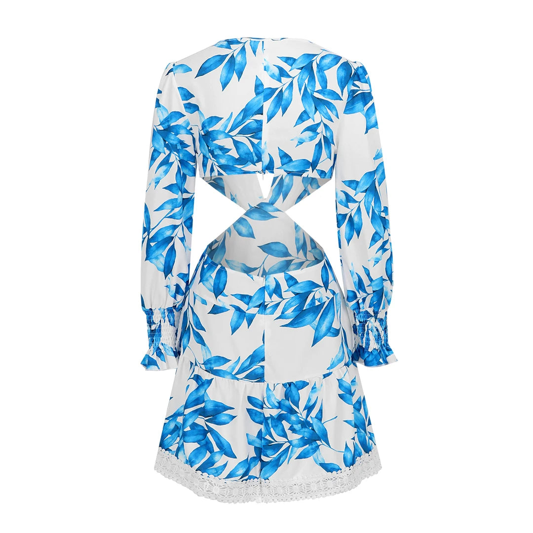 Women's Summer Print Lace Long Sleeve Deep V Naked Waist A-line Mini Dress