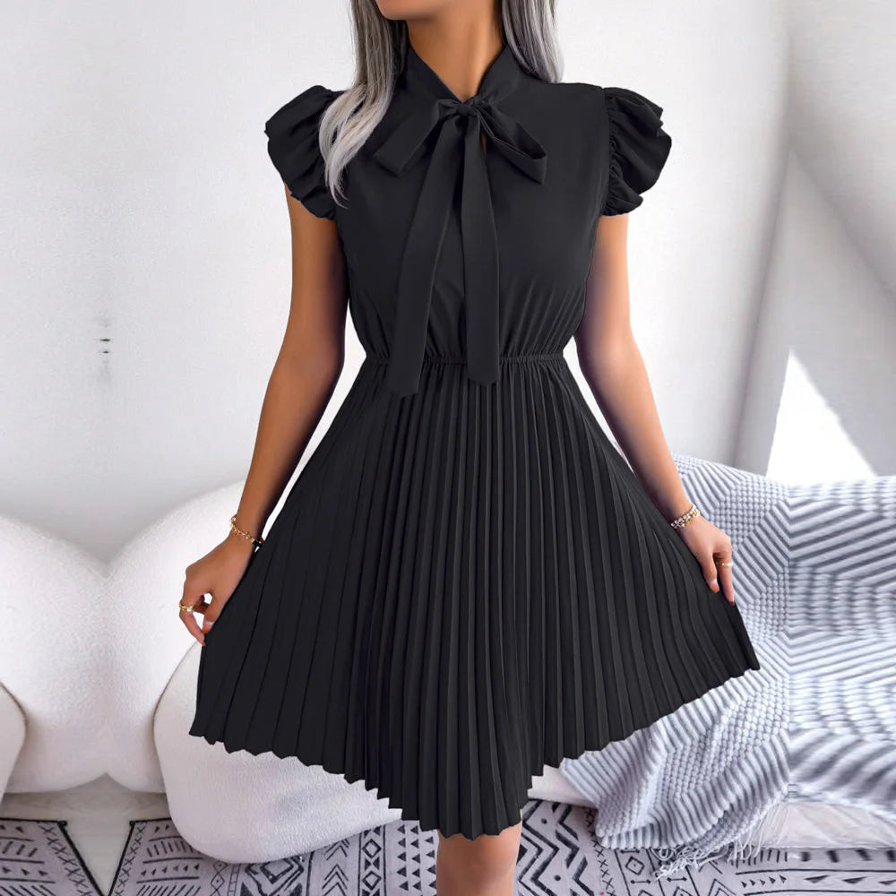 Women's Spring Summer Elegant Lace Up High Waist Large Fold Bow Collar Pleated Dress