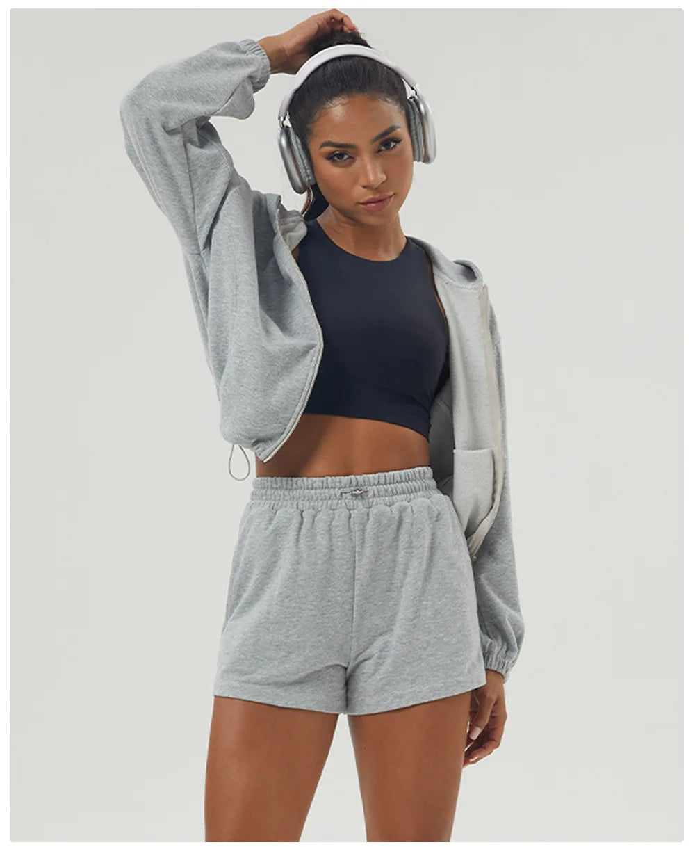 Women's Gym Running Suit Breathable Two Pieces Fitness Yoga Set Long Sleeve Hoodie Shorts Workout Sportswear