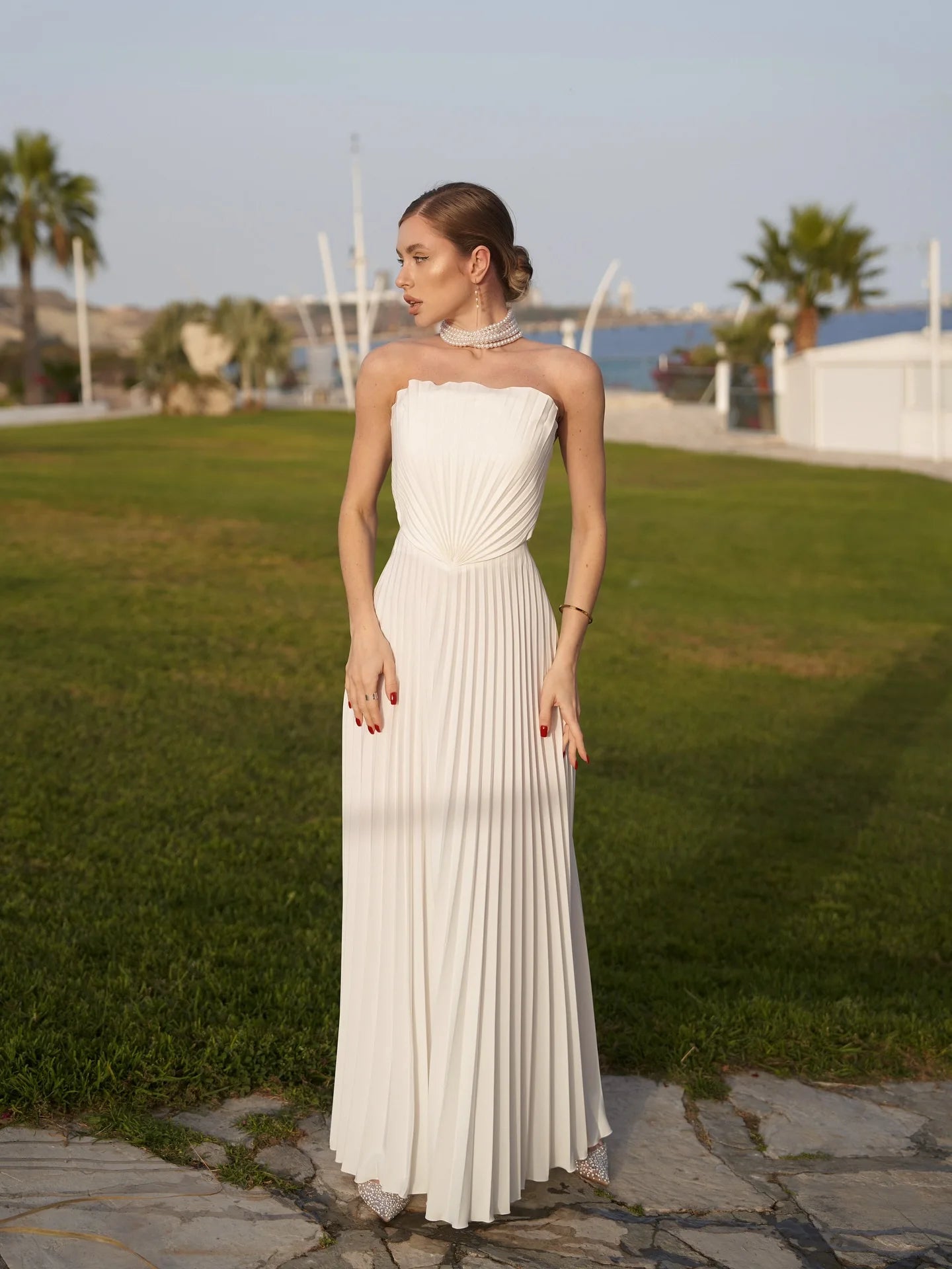 Women's Pleated Off Shoulder Maxi Dress - Backless Halter Party Dress