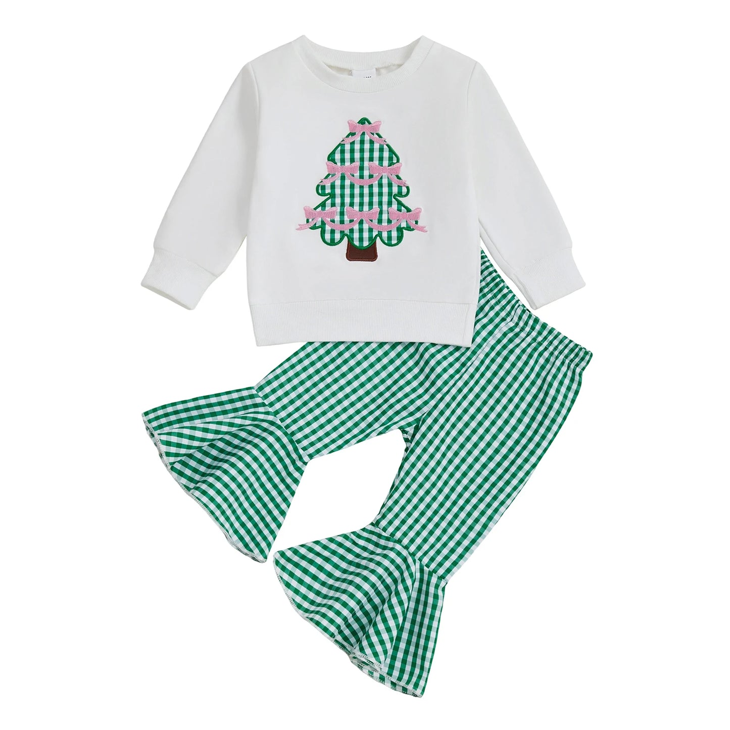 Baby Girls Christmas Tree Embroidered Sweatshirt & Plaid Bell Bottoms Set (0-4Y)
