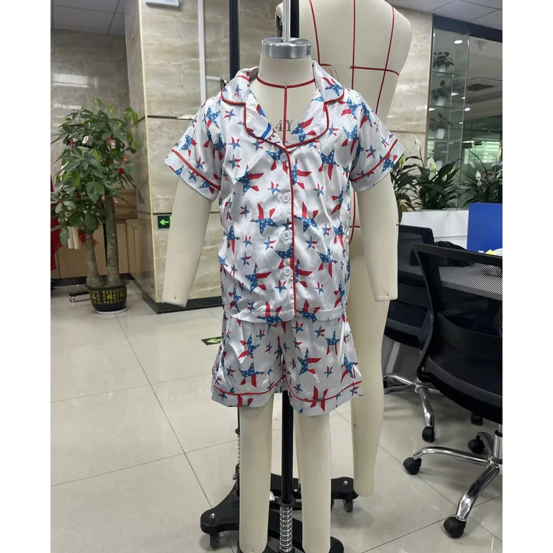 0-6Y Summer Kids Girls Pyjamas Clothes Set Summer Star/Bow Print Button up Short Sleeves Shirt with Elastic Shorts