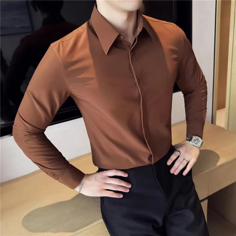 Men's Solid Colour Long Sleeve Shirt - Smart Casual Slim Fit Shirt