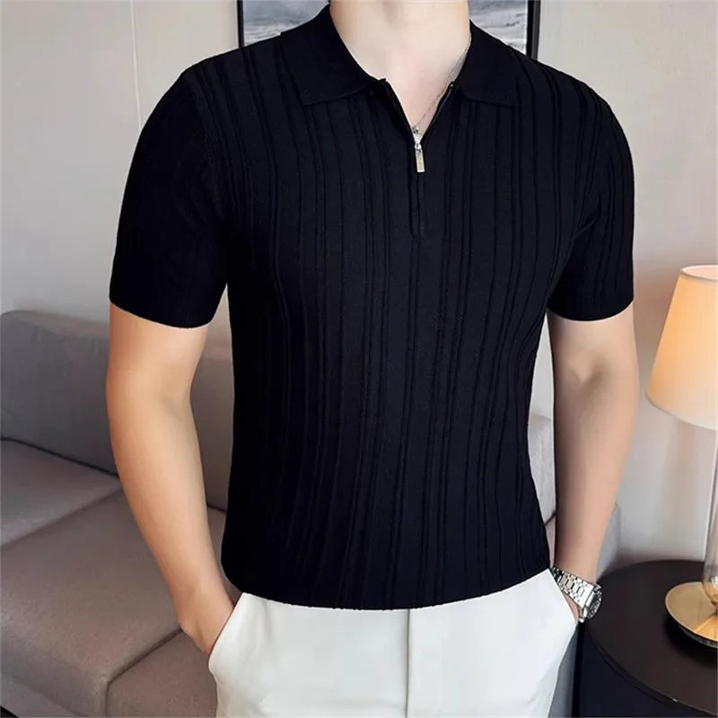 Men's Summer Polo Knitted Short Sleeve Smart Casual Turn Down Collar Half Zipper Shirt