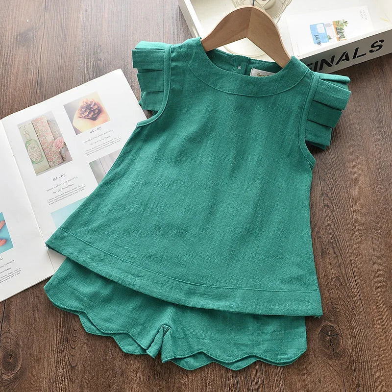 Girls Summer Feather Outfit Set - Sleeveless Top & Bandage Shorts