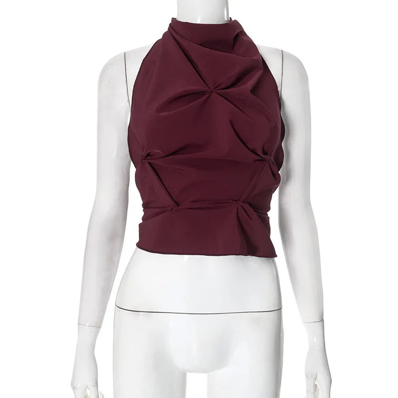 Women's Halter Lace Up Backless Tanks Top Camis Sleeveless Pleated Top
