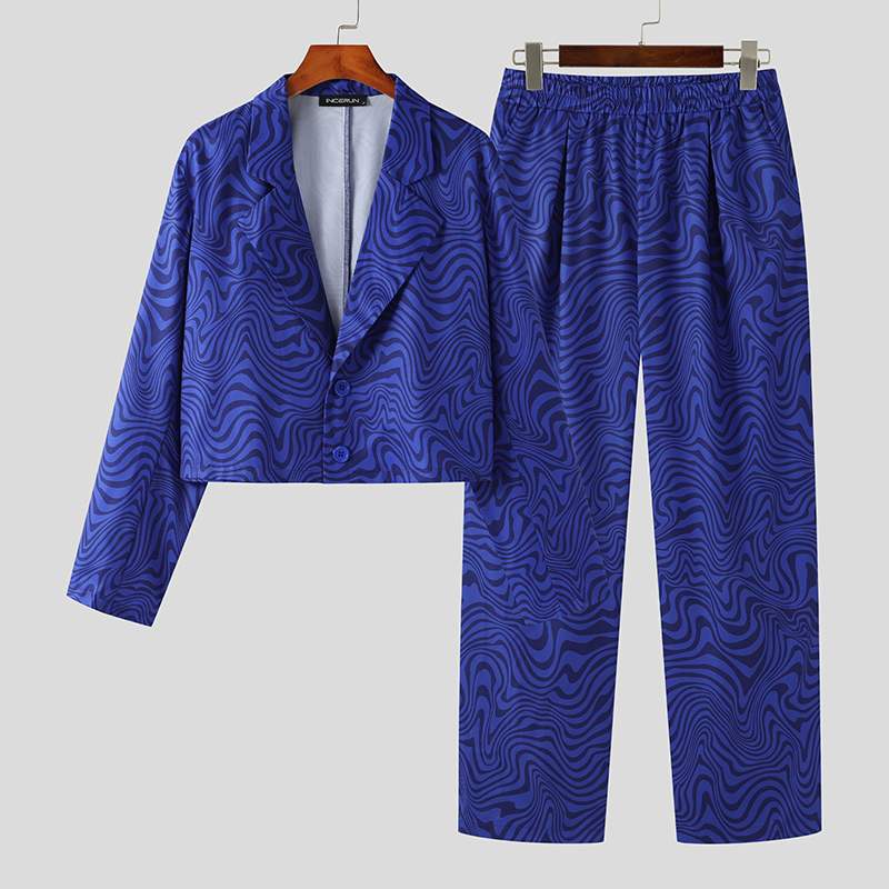 Men's Loose Lapel Long Sleeve Crop Blazer & Pants 2PCS Suits S-5XL