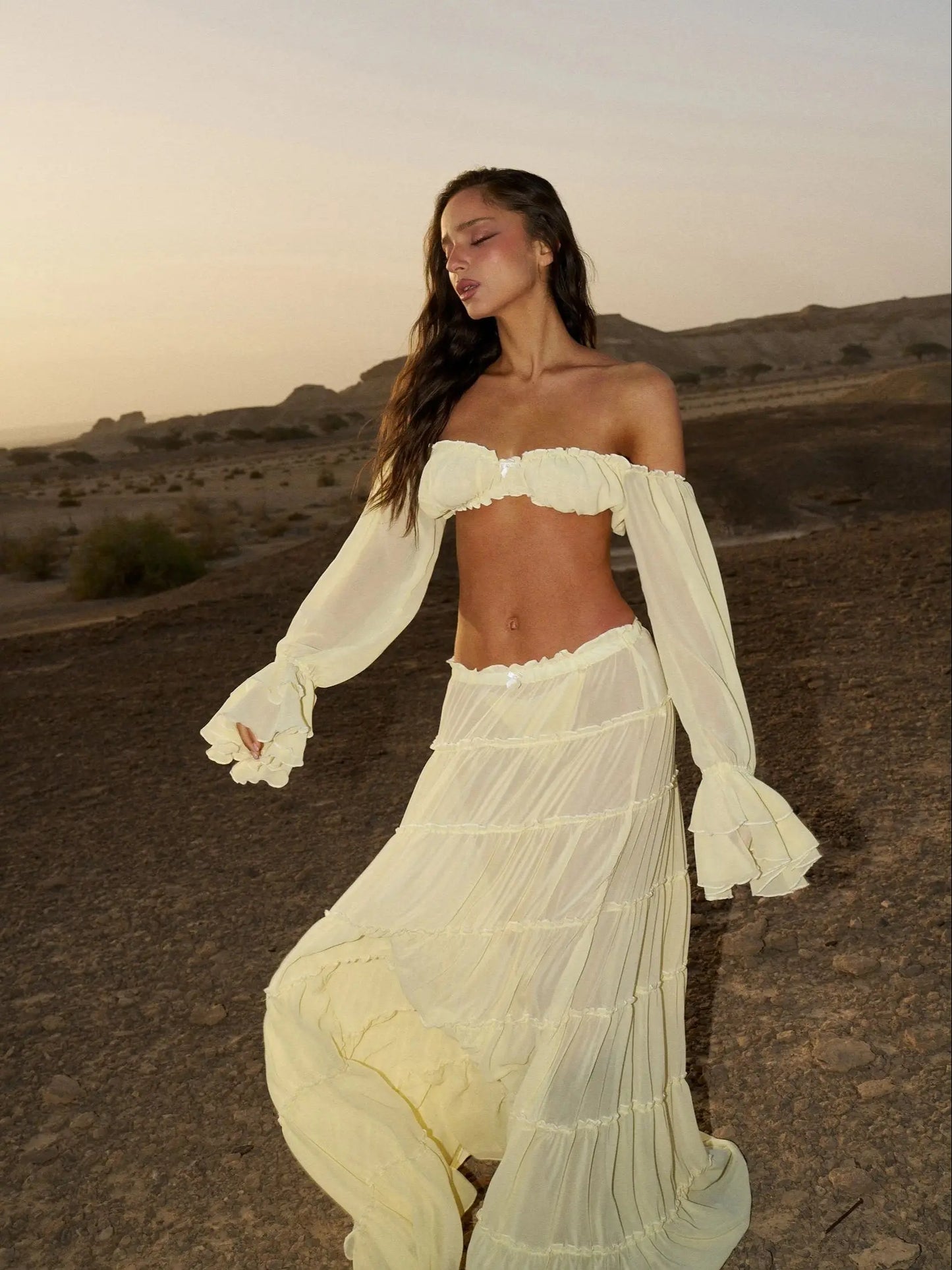 Women's Ruffle Beach Cover Up Dress - Long Sleeve High Waist Bandage Beachwear