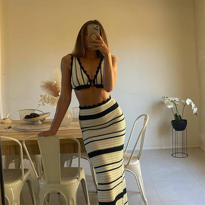 Women's Summer Beachwear Stripe Dress Set -Deep V Neck Knitted Top and Skirt 2 Piece Sets