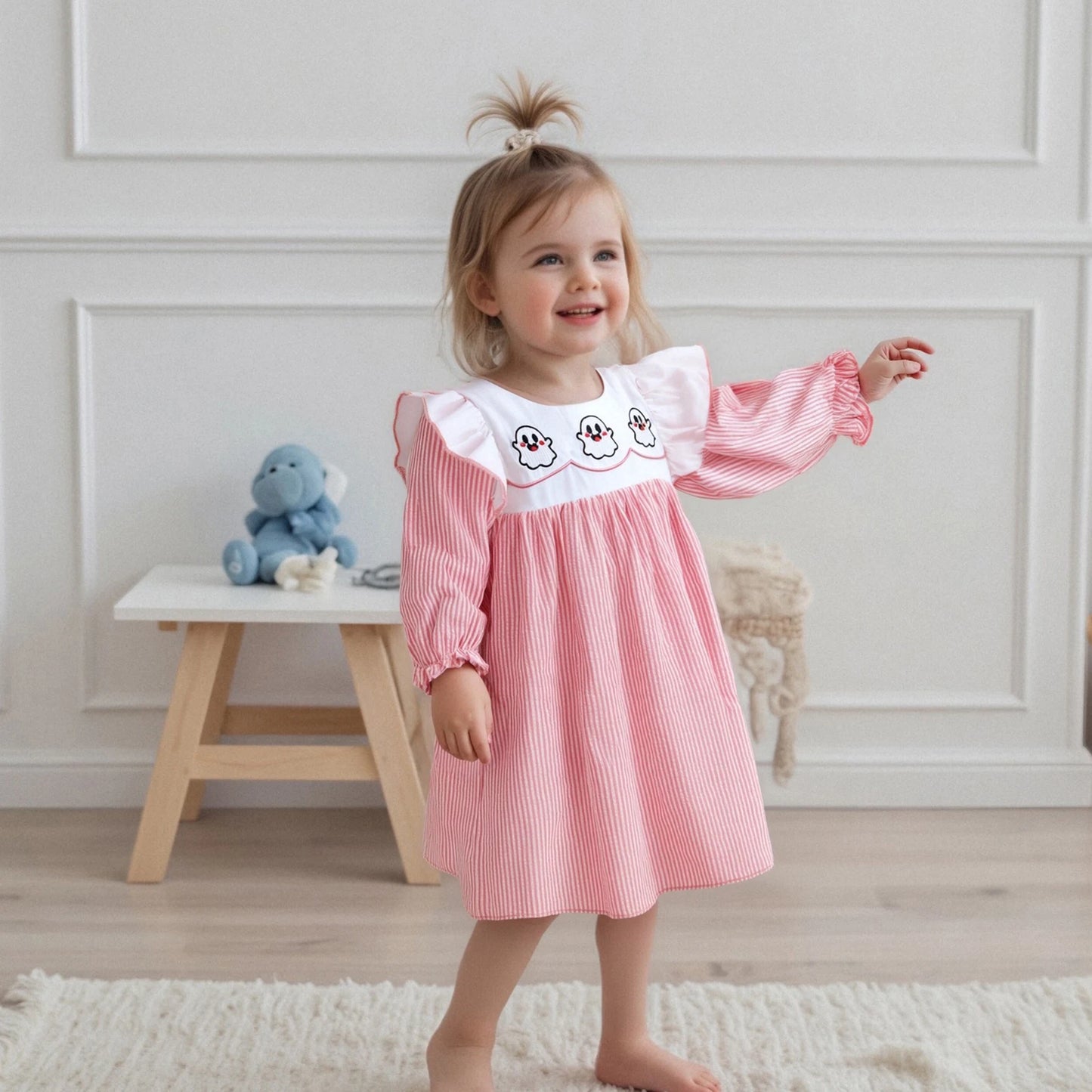 Toddler Girls Halloween Dress - Pumpkin/Ghost Embroidered Ruffle Long Sleeve Striped A-Line Dress