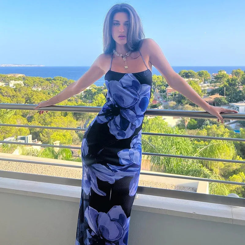 Women's Halter Mesh Sheer Floral Print Sheer Maxi Backless Summer Party Bandage Dress