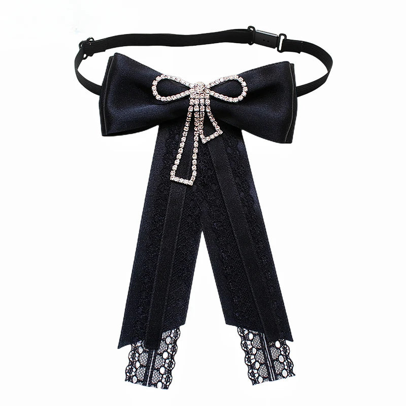 Black Fabric Bow Brooch - College Style Crystal Collar Pin