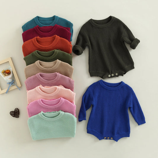 Baby Sweater Romper - Solid Knitted Long Sleeve Pullover Jumpsuit