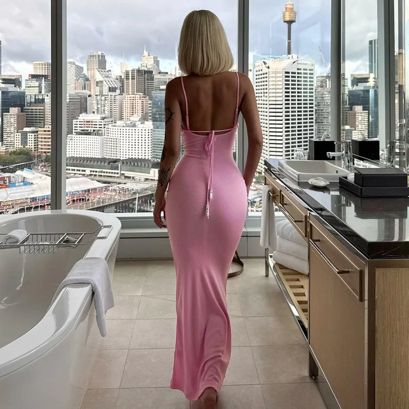 Women's Embellished Backless Slip Maxi Summer Outfits Club Party Straps Dress