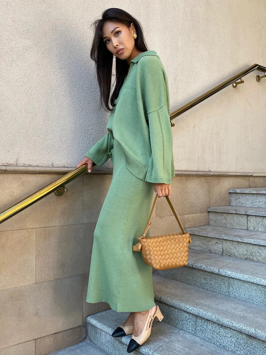 Women's Loose Sweater V-Neck Knit Pullover Top and Long High Waist Skirt 2 Piece Set
