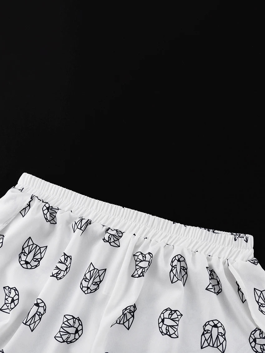 Women's Casual Print Pyjamas Lace-Up Long Sleeve Robes Shorts Sleepwear Set