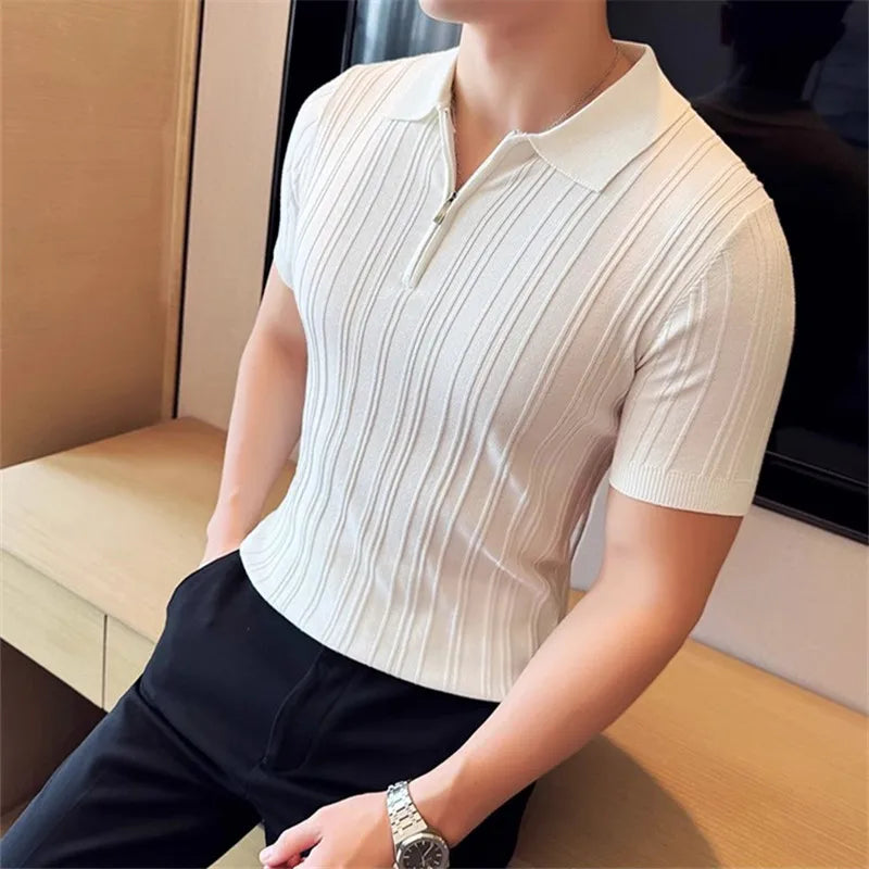 Men's Summer Polo Knitted Short Sleeve Smart Casual Turn Down Collar Half Zipper Shirt