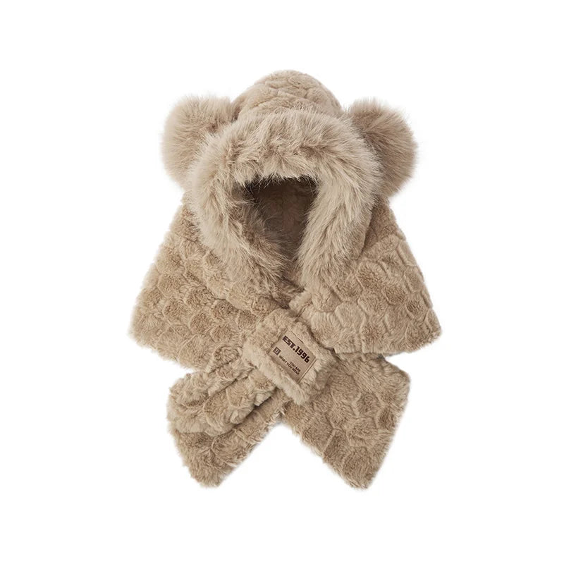 Cute Bear Hooded Scarf - Plush Neck Warmer Winter Accessory