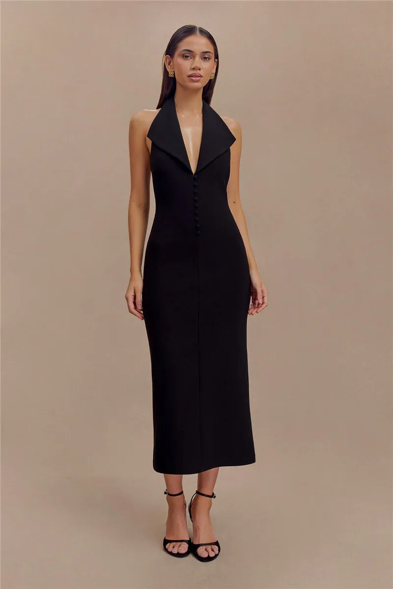 Women's Halter Deep V Neck Sleeveless Maxi Elegant Backless Bodycon Tank Long Dress